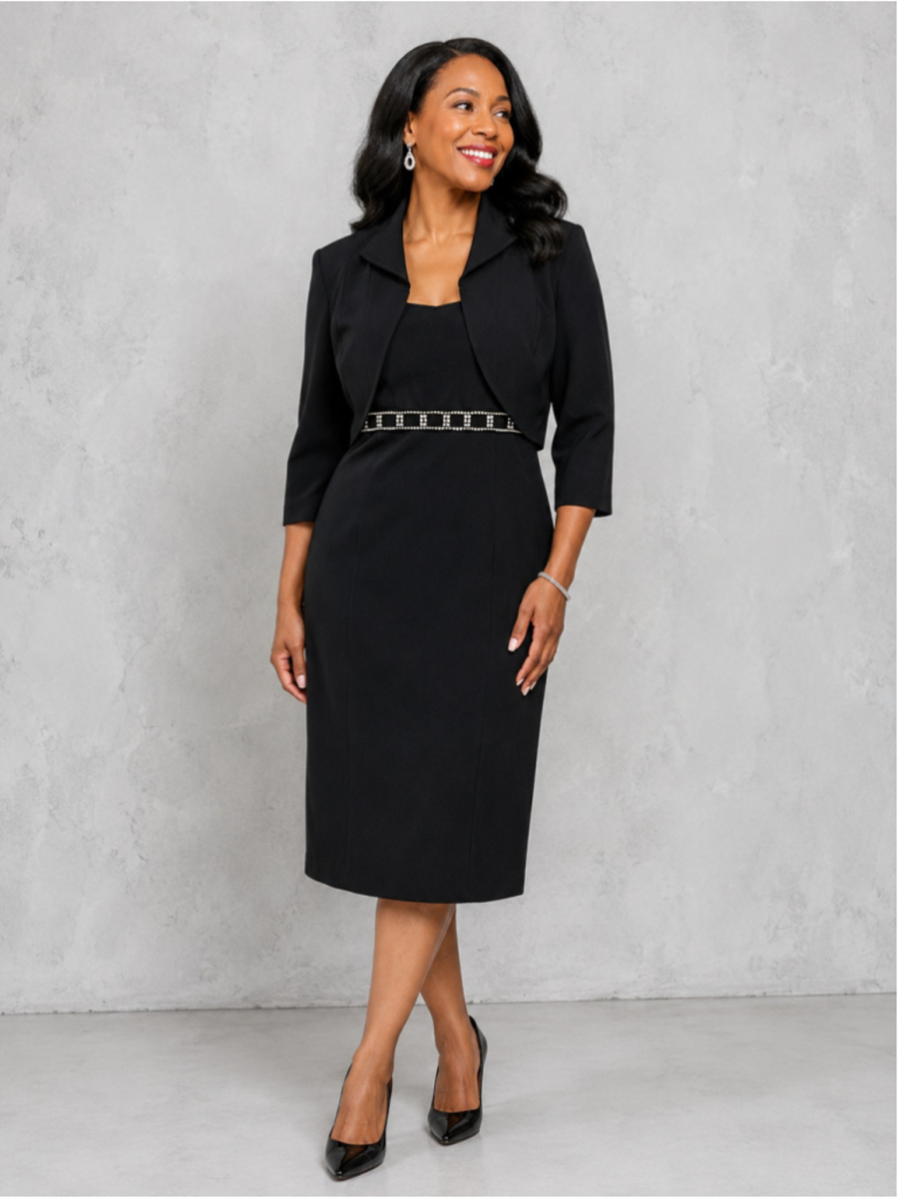 Oblique Black Embellished Sheath Dress & Jacket Set – Size 10